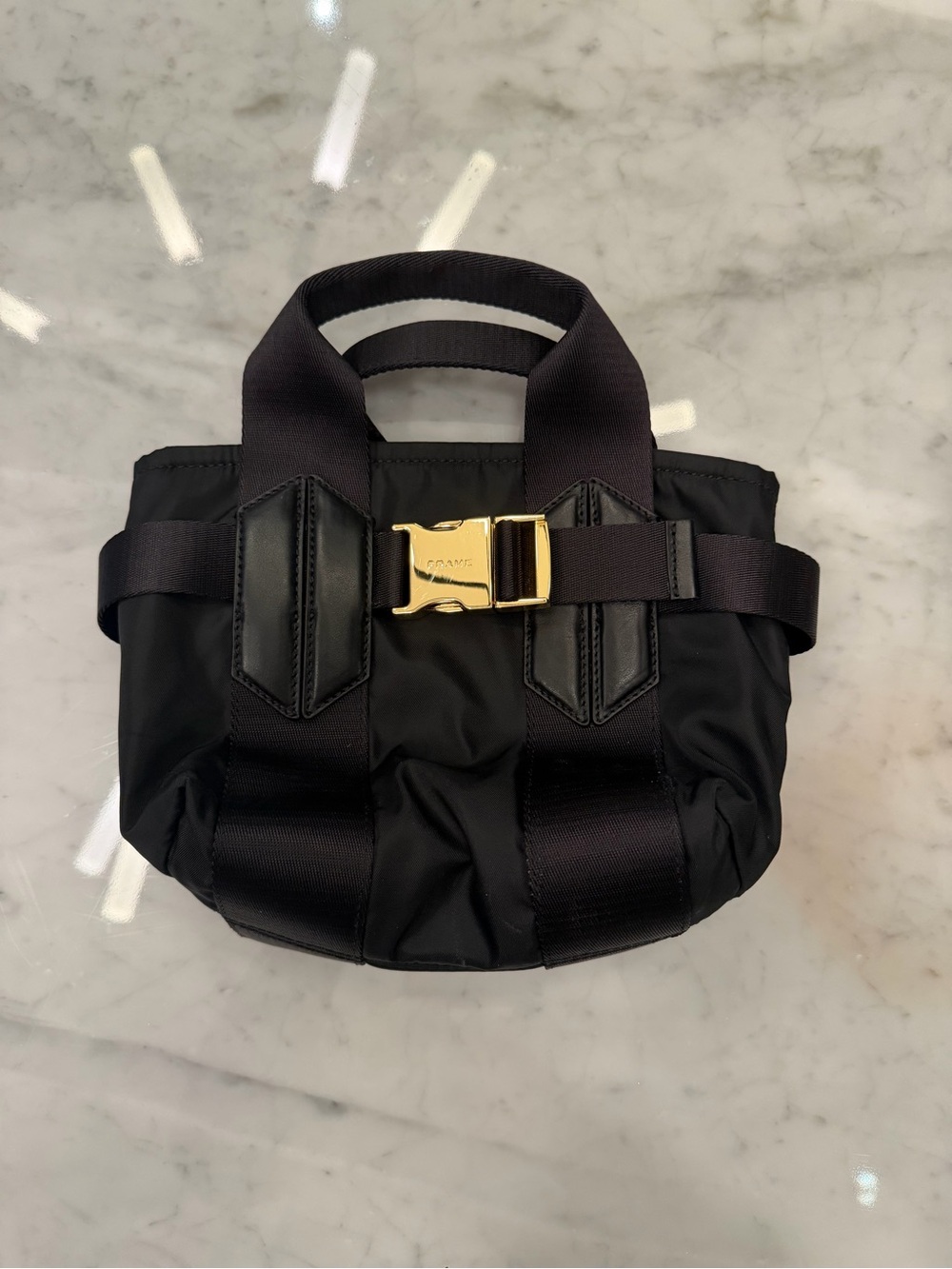 Frame Denim Black Mini Tote with Gold Buckle Accent